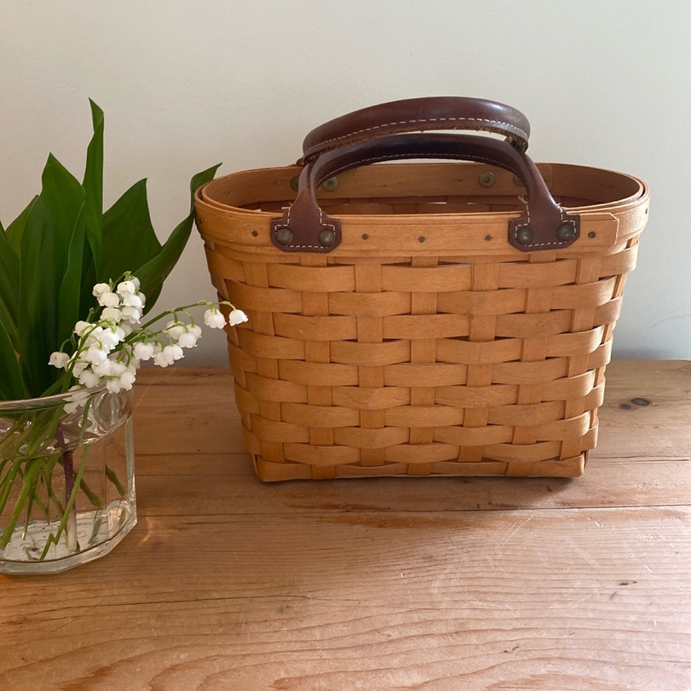 Longaberger Natural Woven Basket with Brown Leather Handles